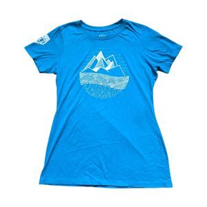 REI Coop Shirt Women Medium Blue Camp Mountain Logo Short Sleeve Fitted Crew